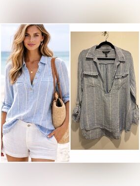 Ellen Tracy 100% Linen Striped Popover Blouse XL Blue White Coastal Roll Sleeve